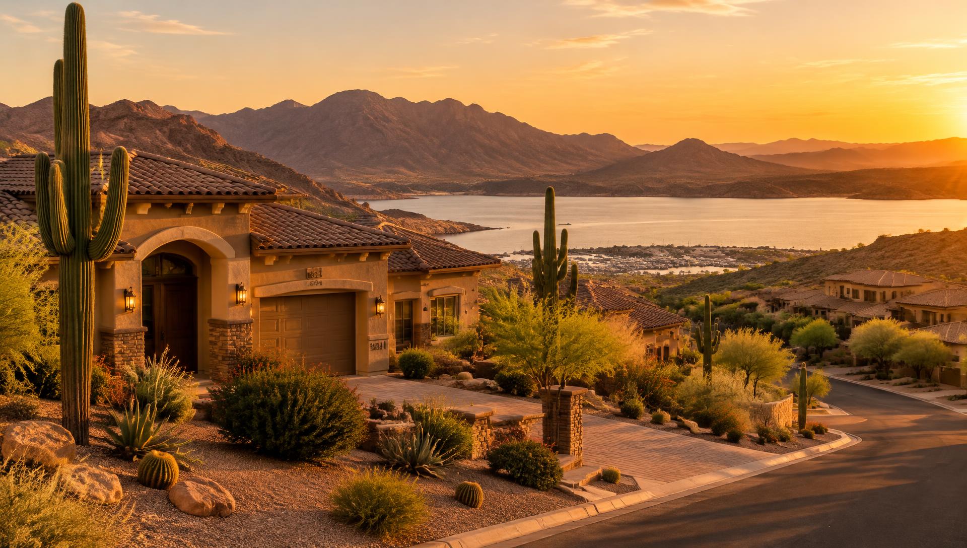 Desert homes near Lake Pleasant, Arizona at golden hour